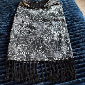 Black and White Floral Skirt with Fringe